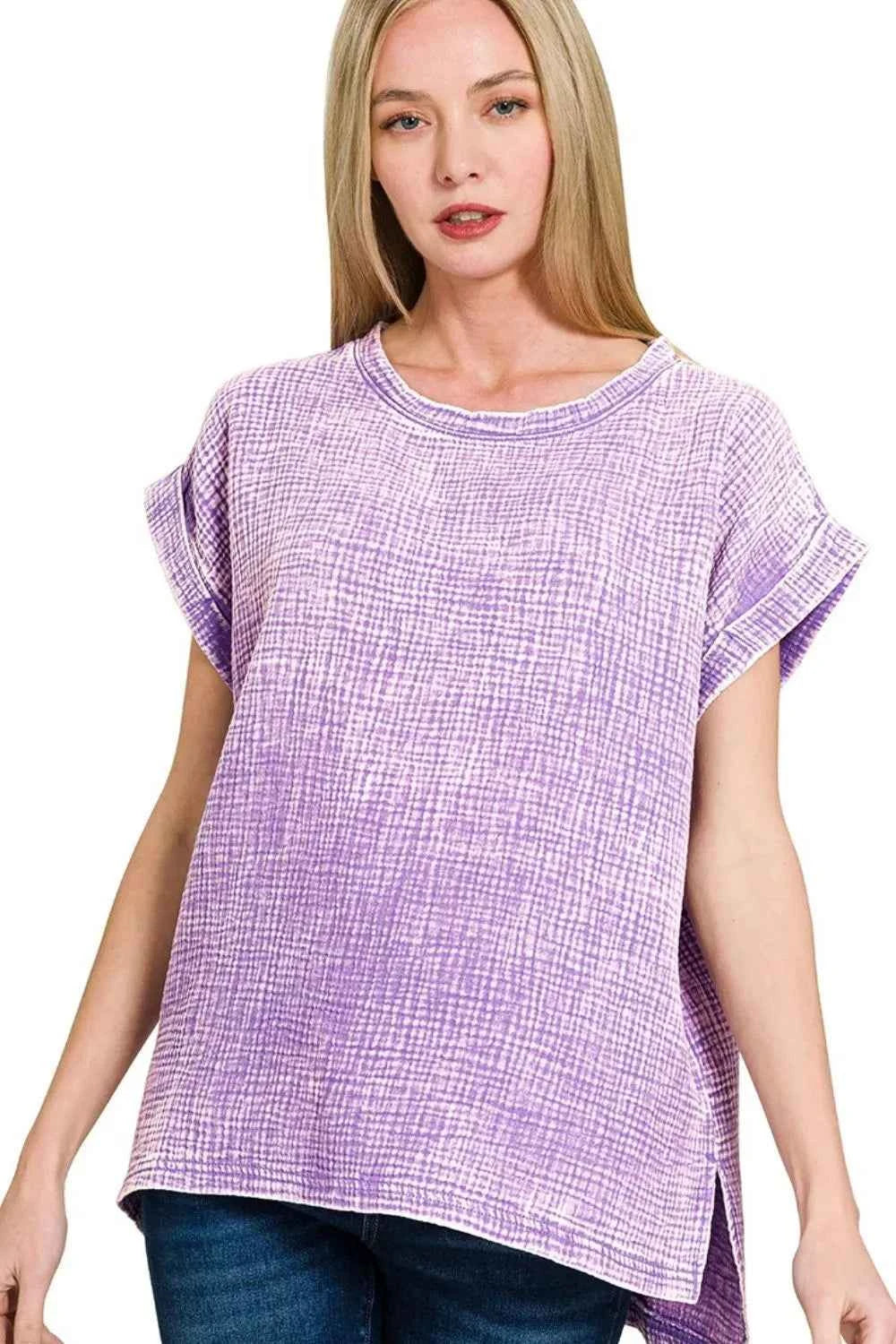 Zenana Woven Double Gauze Acid Washed Short Sleeve Top LAVENDER 0de49456-3840-4847-a8ce-fb4d0ba2896d-Max-Origin