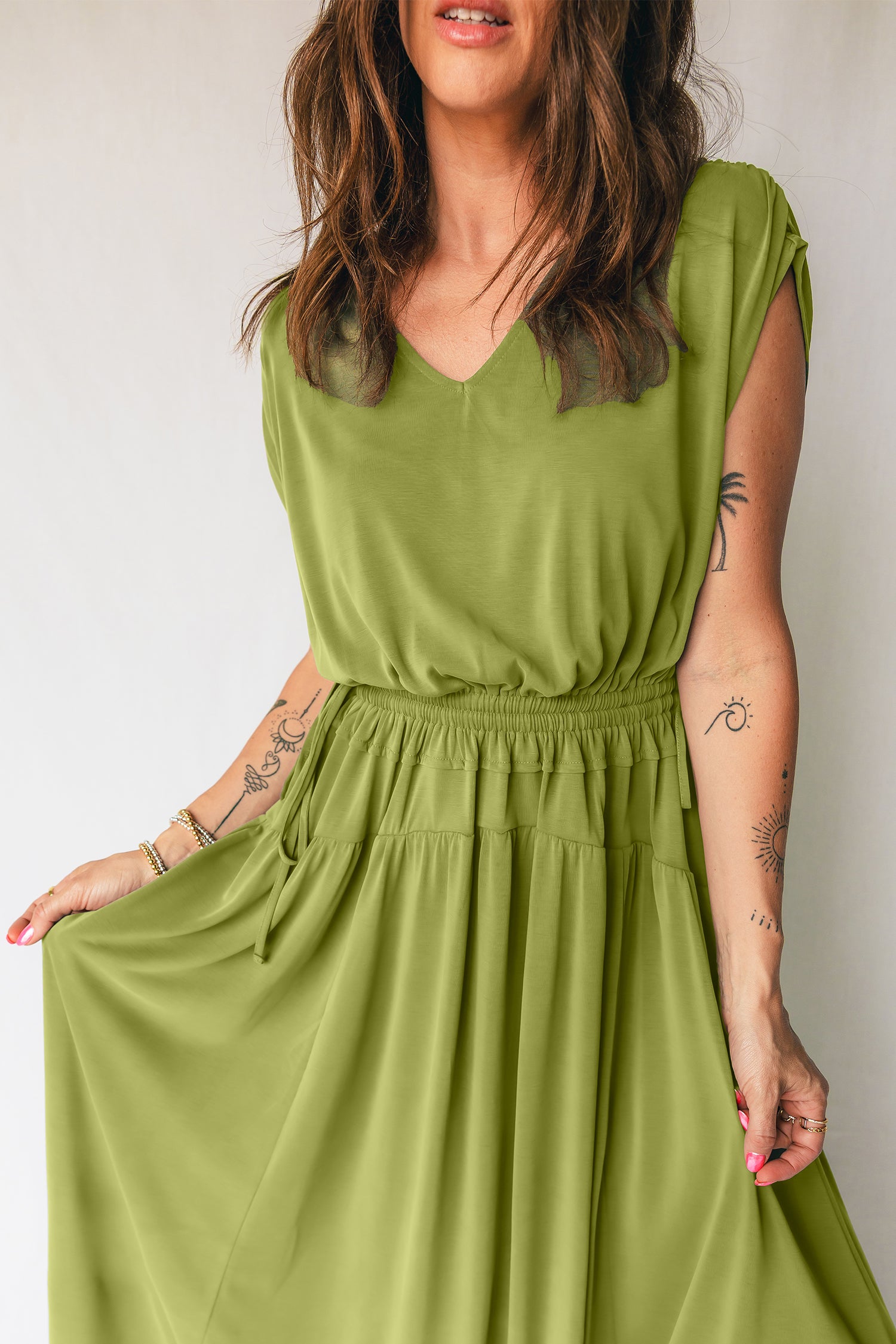 Fern Green Solid V Neck Cap Sleeve Tunic Elastic Waist Versatile Maxi Dress 0de7206341b24295