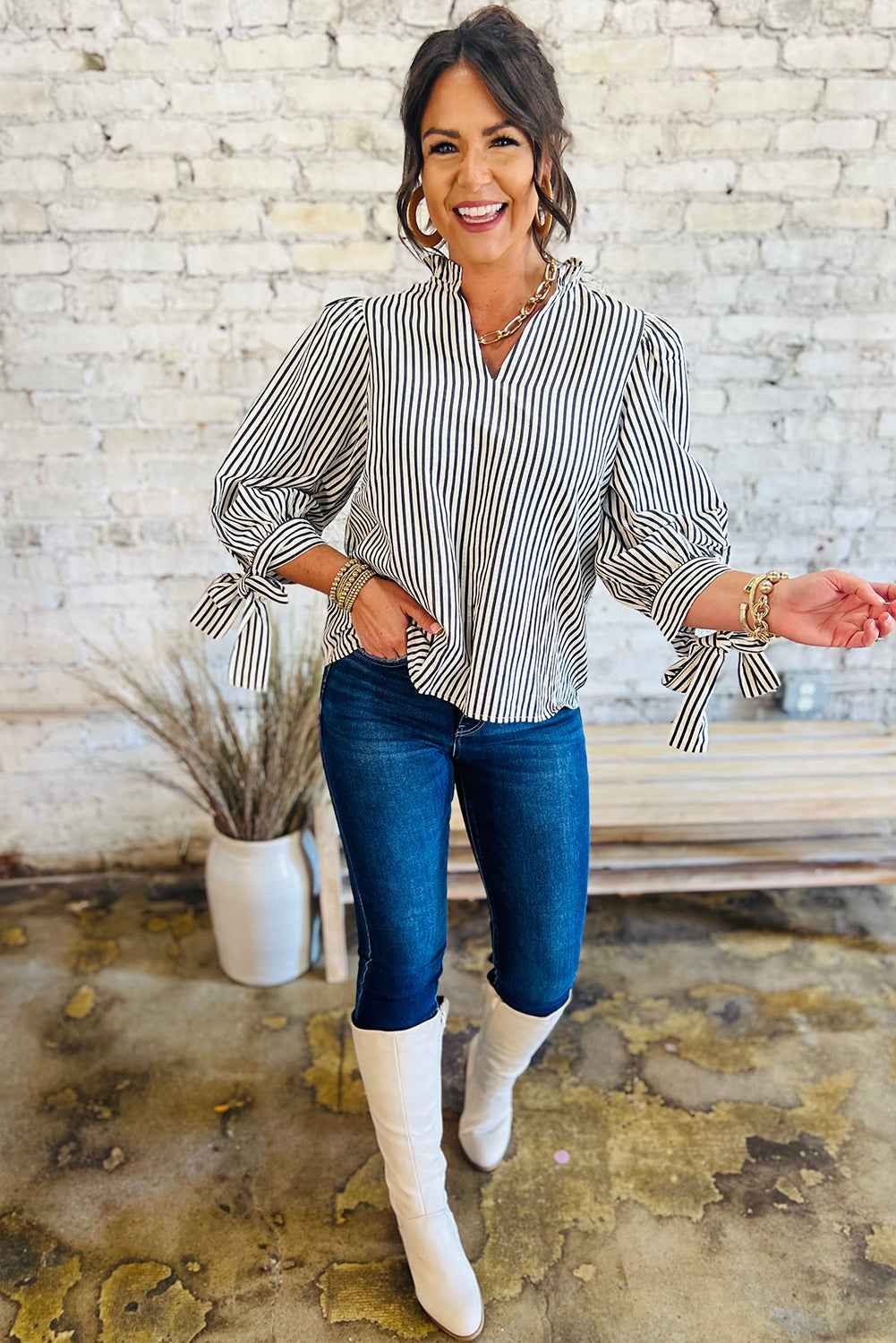 Black Stripe Frill V Neck Knot Cuffs Blouse 0de7ad6df4c519be