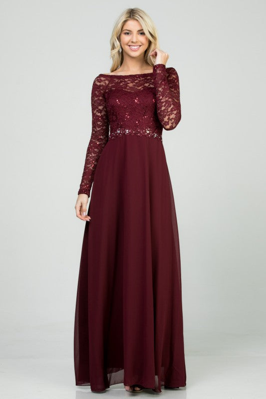 Women’s Long Sleeve Lace Evening Gown – A-Line Chiffon Maxi Dress Burgundy 0dec4c7b-fe7e-47c8-9bf5-19b2ca1f0d23