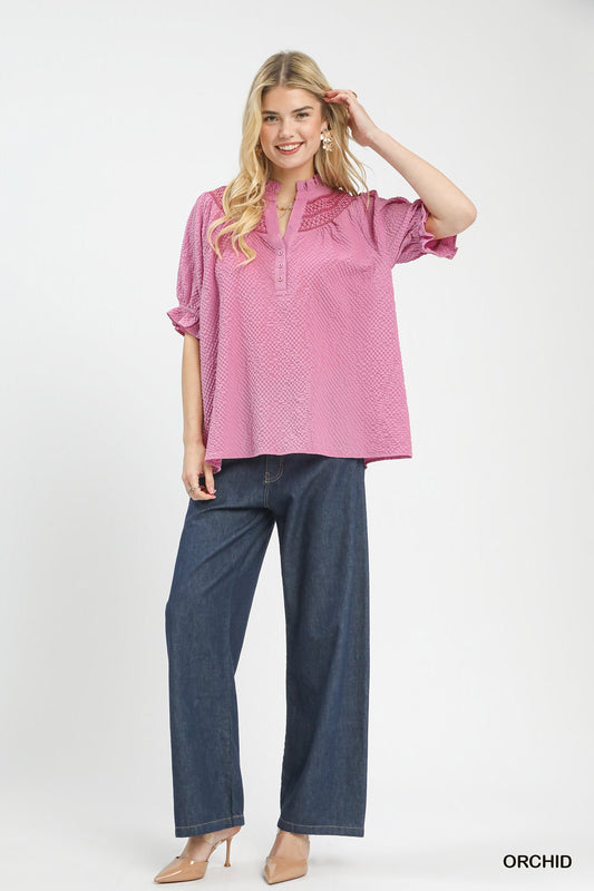 Textured Henley Blouse with Ruffle Cuffs 0ded2e17-429a-4a3f-8867-c730a265d74a-Max