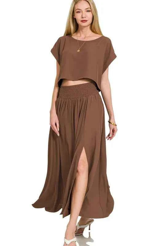 Zenana Heavy Woven Span Crop Tee & Skirt Set BROWN 0df118aa-1329-42b4-b89d-5ffa213156d7-Max-Origin