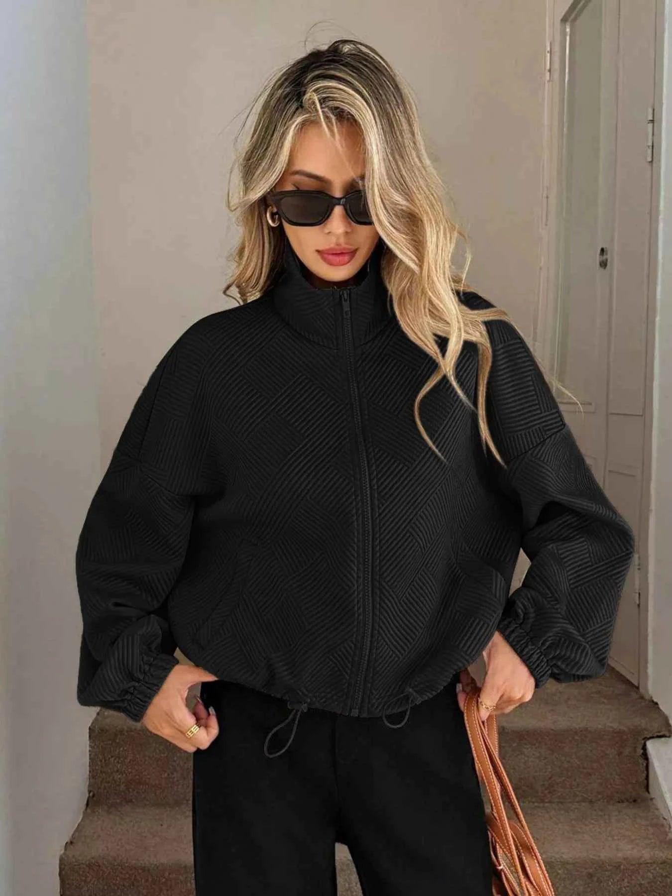 Drawstring Hem Textured Long Sleeve Jacket 0df3cf80471d41738f425c4f22e52fb2-Max-Origin