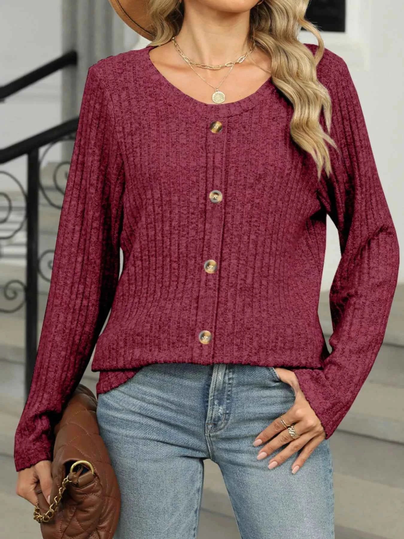 Ribbed Round Neck Long Sleeve Top Wine Red 0df425c4-e6ea-45d7-ac94-f03c9eb2887b-Max-Origin