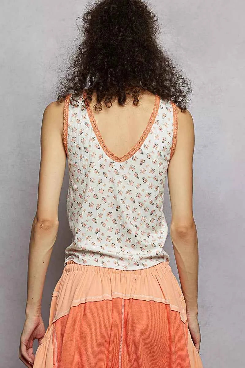 POL Ruched Floral V-Neck Tank with Lace Detail 0df46706-64a8-4498-8e02-4cf4946de69c-Max-Origin