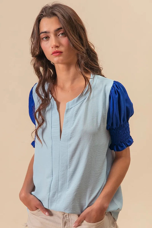 Air Flow Color Block Puff Sleeves V Neck Top 0e00206ad050444097d262523aabb78d-Max-Origin