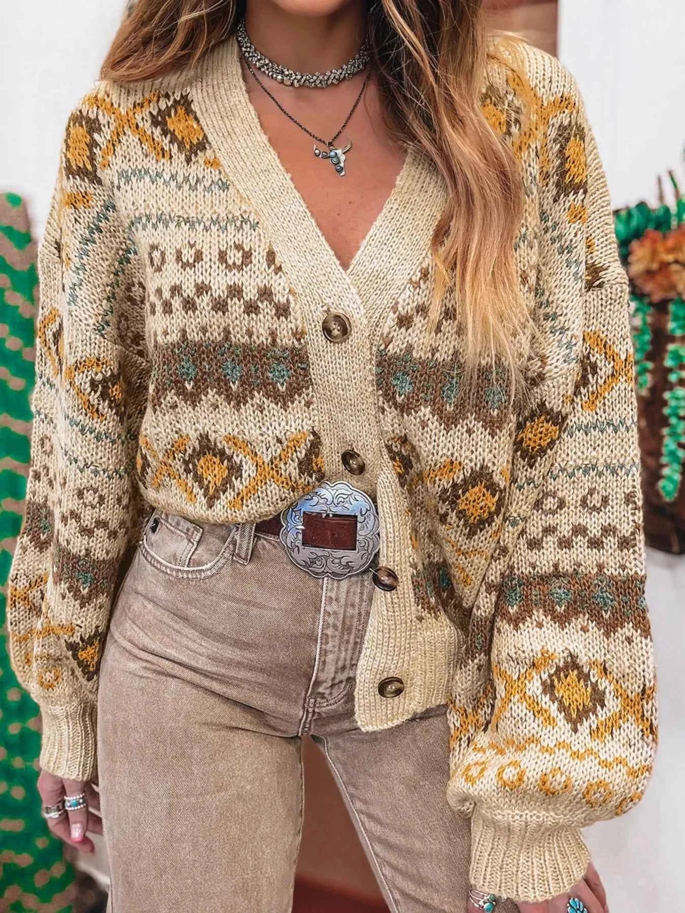 Western Pattern Knitted Button V Neck Cardigan Sweater Tan 0e0219aea1904648b4487a39d13fa49b-Max-Origin