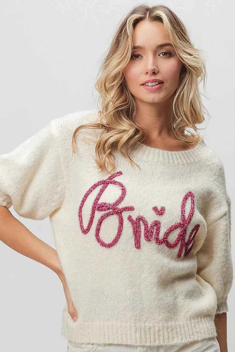 BiBi Metallic Letter Short Puff Sleeve Hairy Sweater 0e070f774e3d4fa5819b3e78750ad9c5-Max-Origin