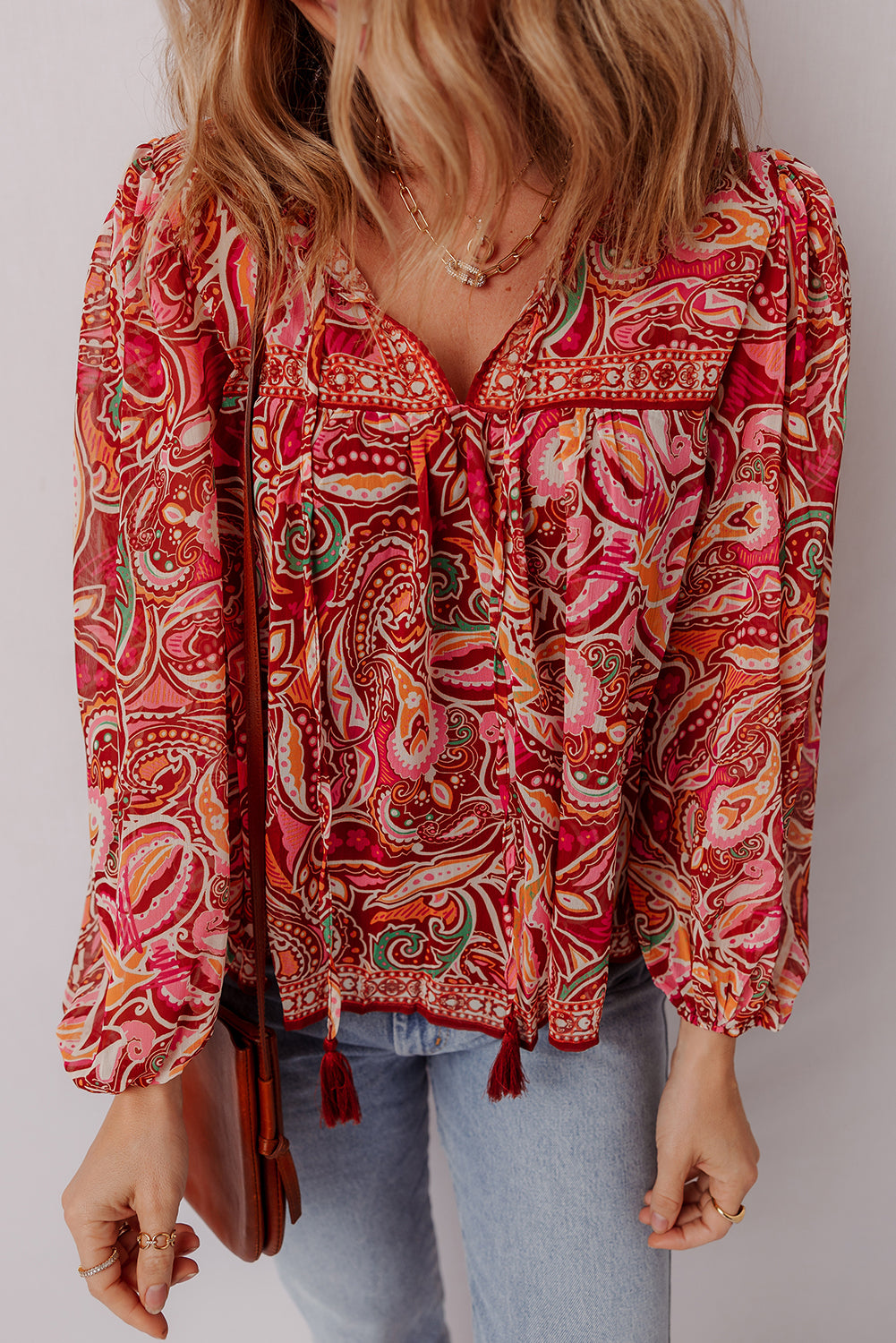 Multicolour Ethnic Paisley Print Tassel Tie Puff Sleeve Boho Blouse 0e09af928f7bd3ad