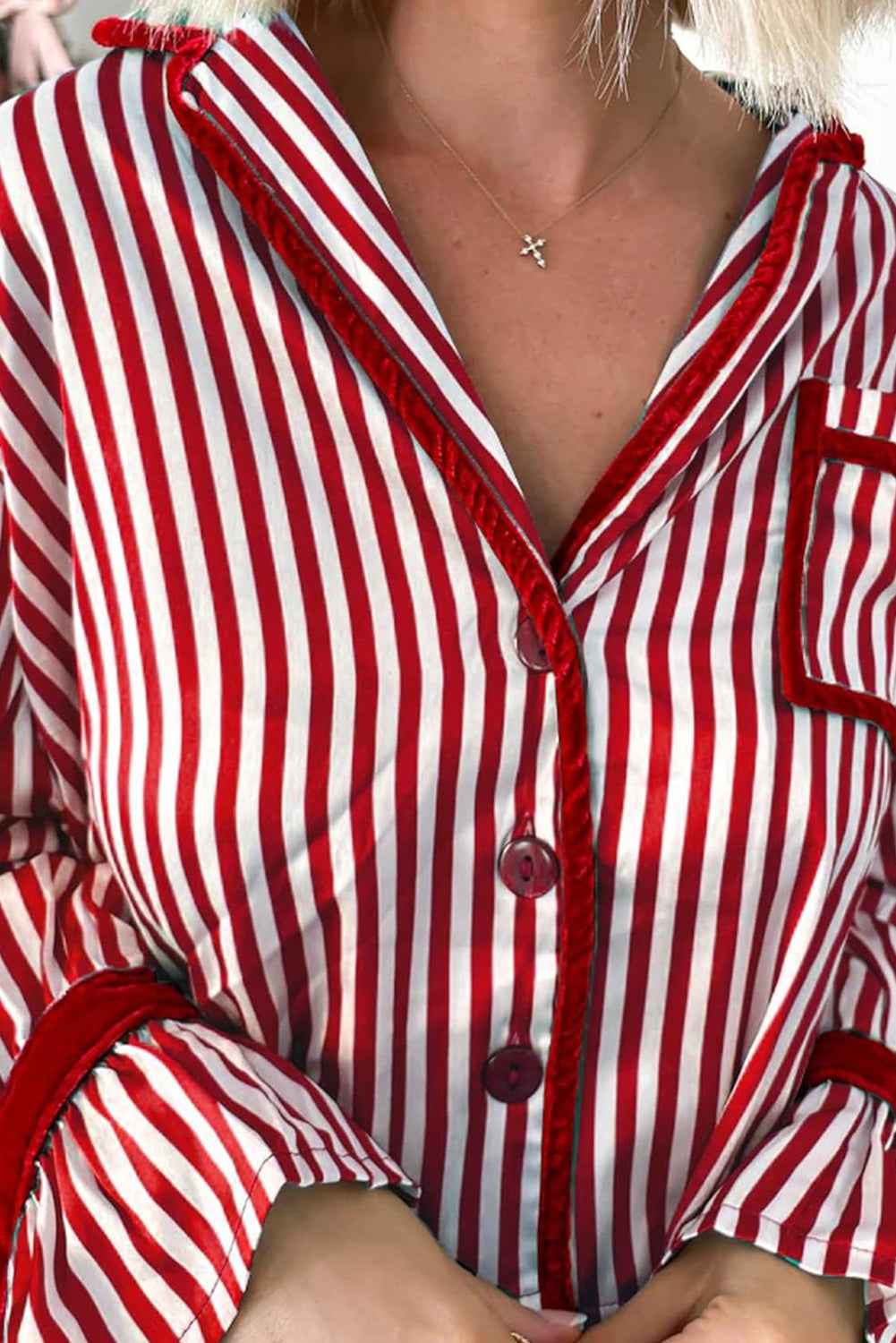 Red Striped Contrast Velvet Trim Knot Waist Pajama Set 0e09dc07dc4d96bd