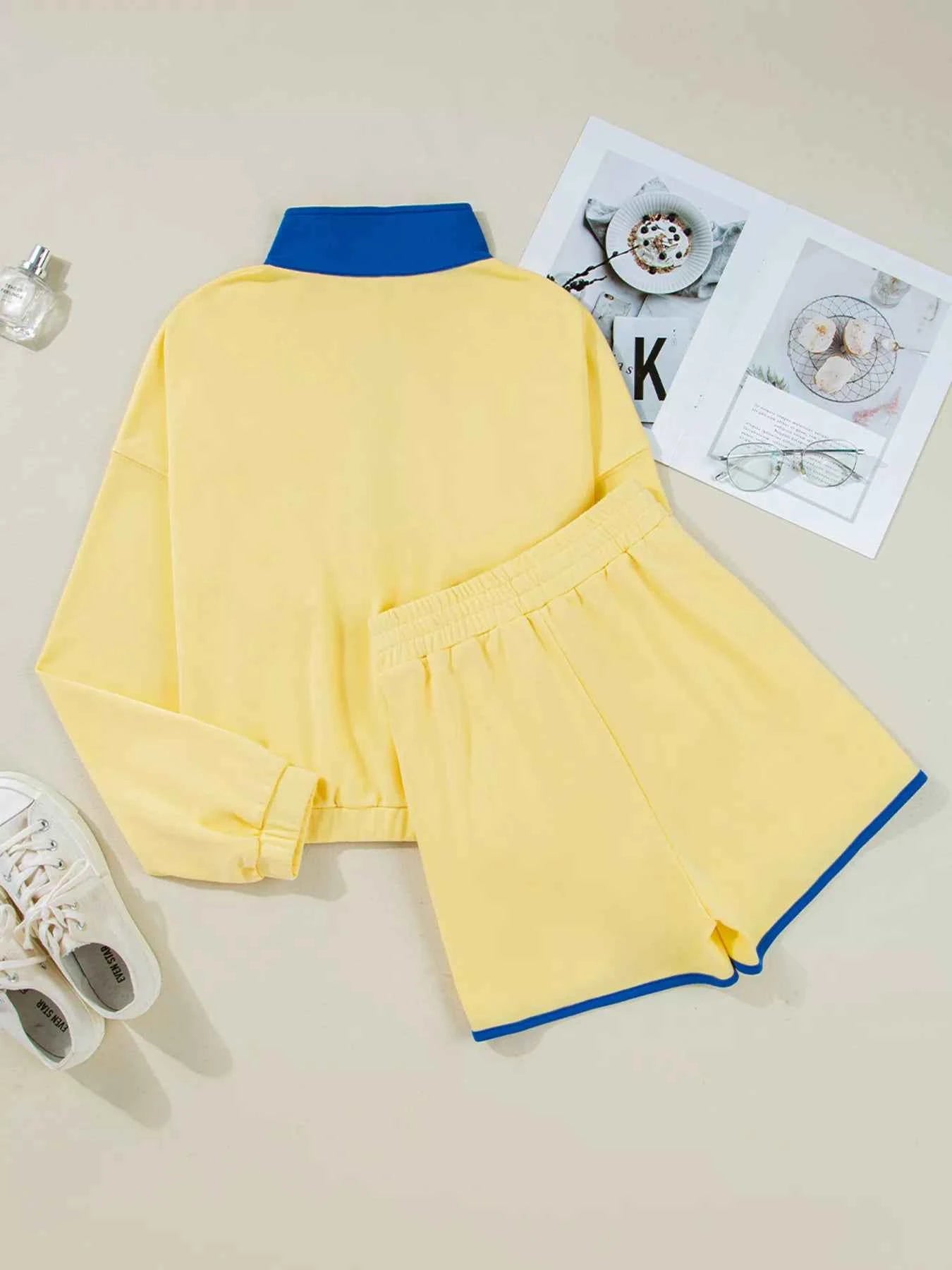 Color Block Patchwork Half Button Top and Shorts 2pcs Set 0e0bf8a3571c41f0ab141e3d44ffe337-Max-Origin