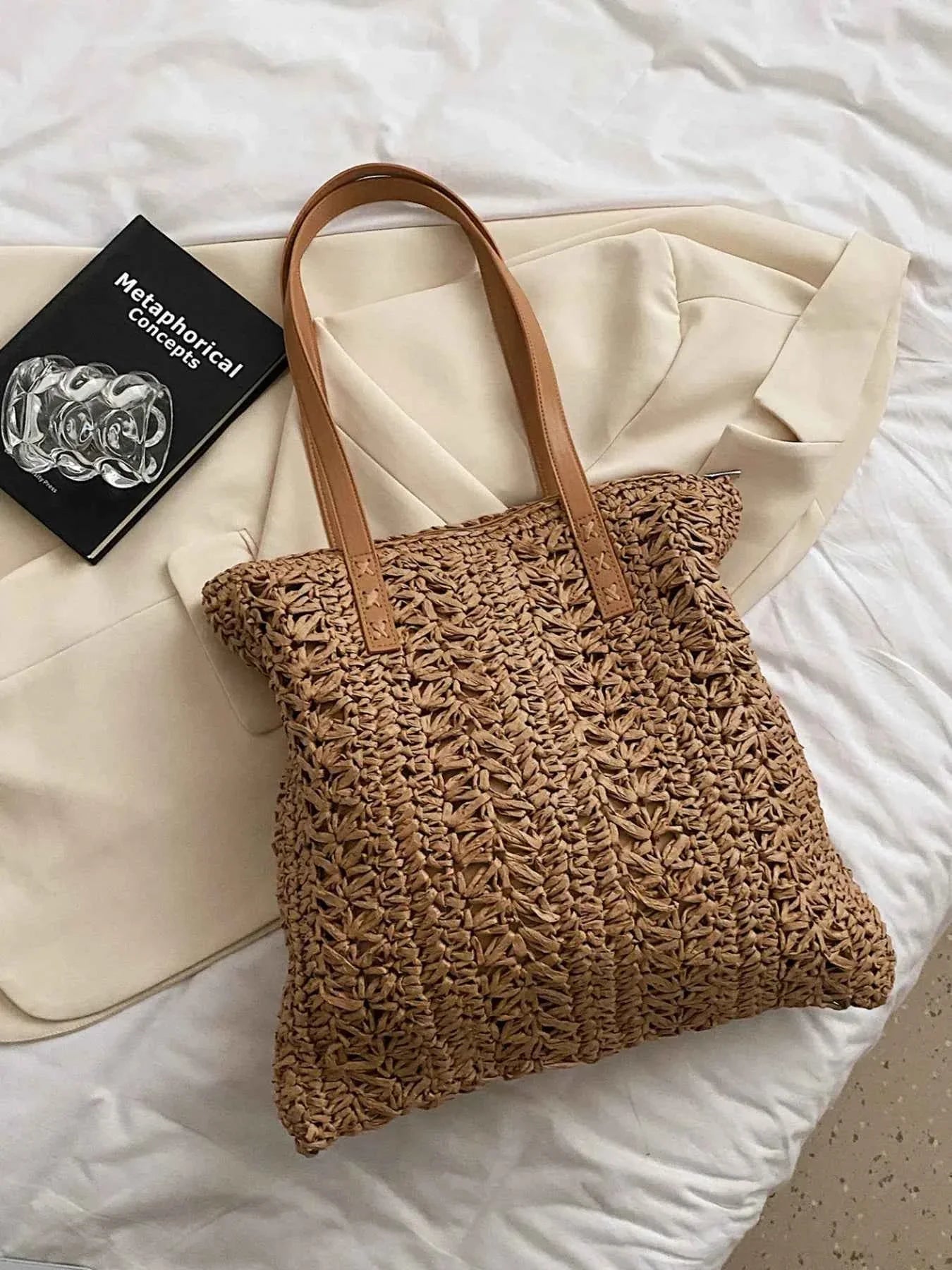 Woven Straw Summer Shoulder Bag with Leather Handles Khaki onesize 0e0e69b59a604f70a376a7946547a6c0-Max-Origin