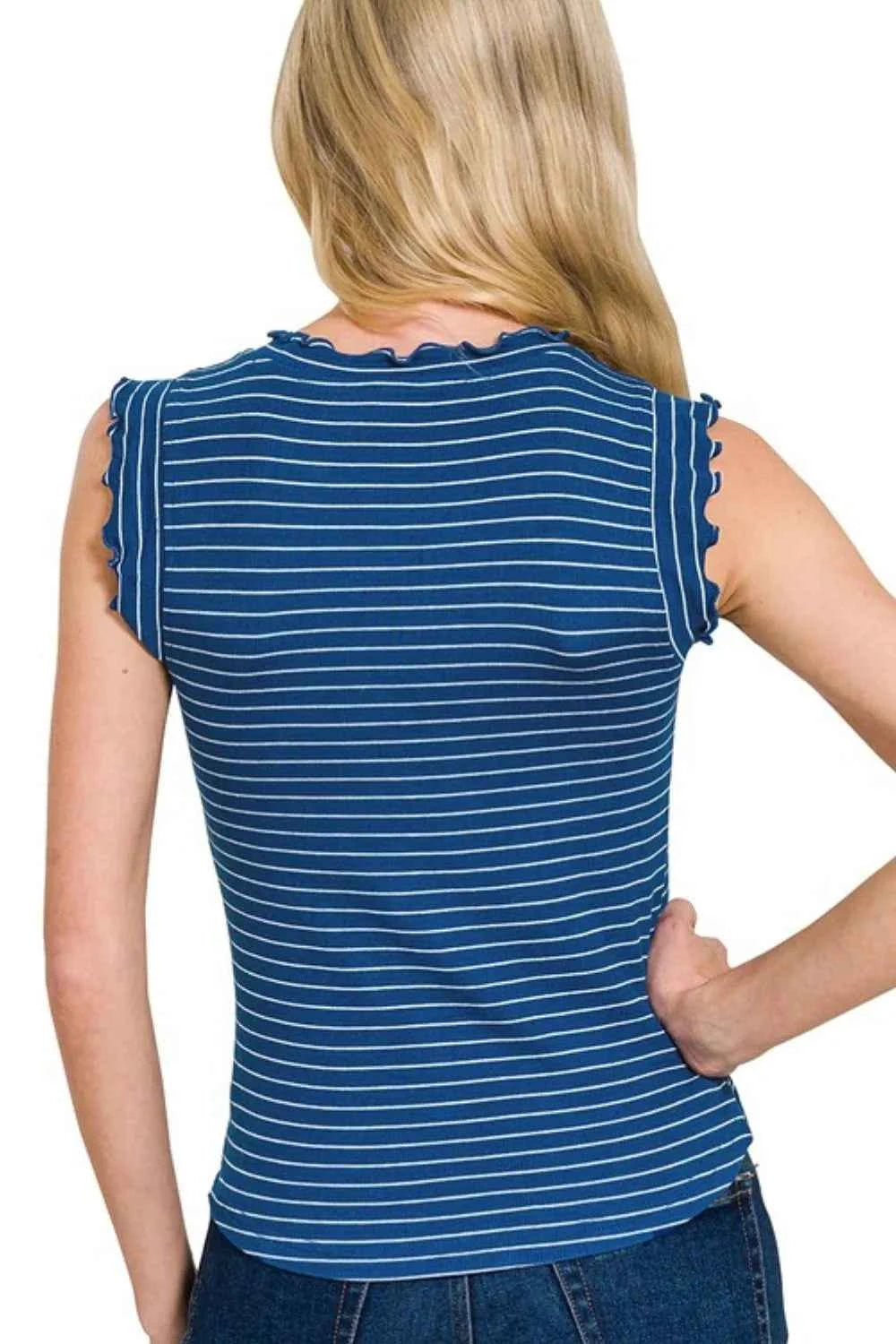 Ribbed Ruffle Trim Sleeveless Stripe Top 0e115b9c-f94c-4489-beb6-5558f924b3d3-Max-Origin