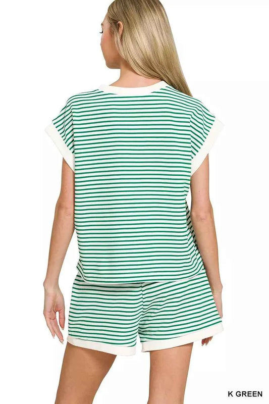 Stripe Contrast Trim Top & Shorts Set 0e1381a1b47047e99234aa01f77590c6-Max-Origin
