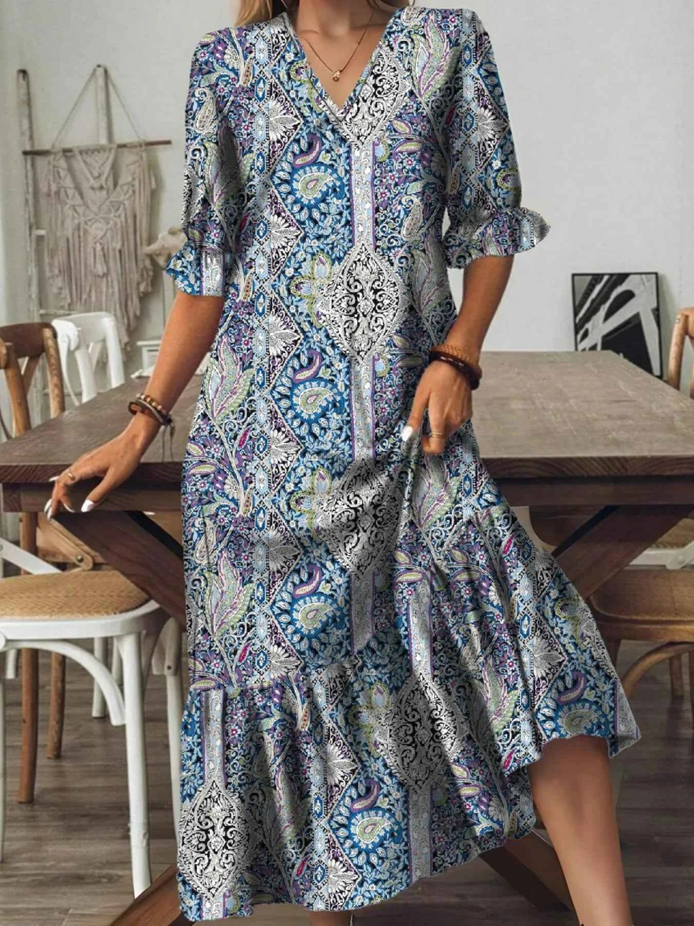 Full Size Bohemian Paisley Print V-Neck Midi Dress Plus Size