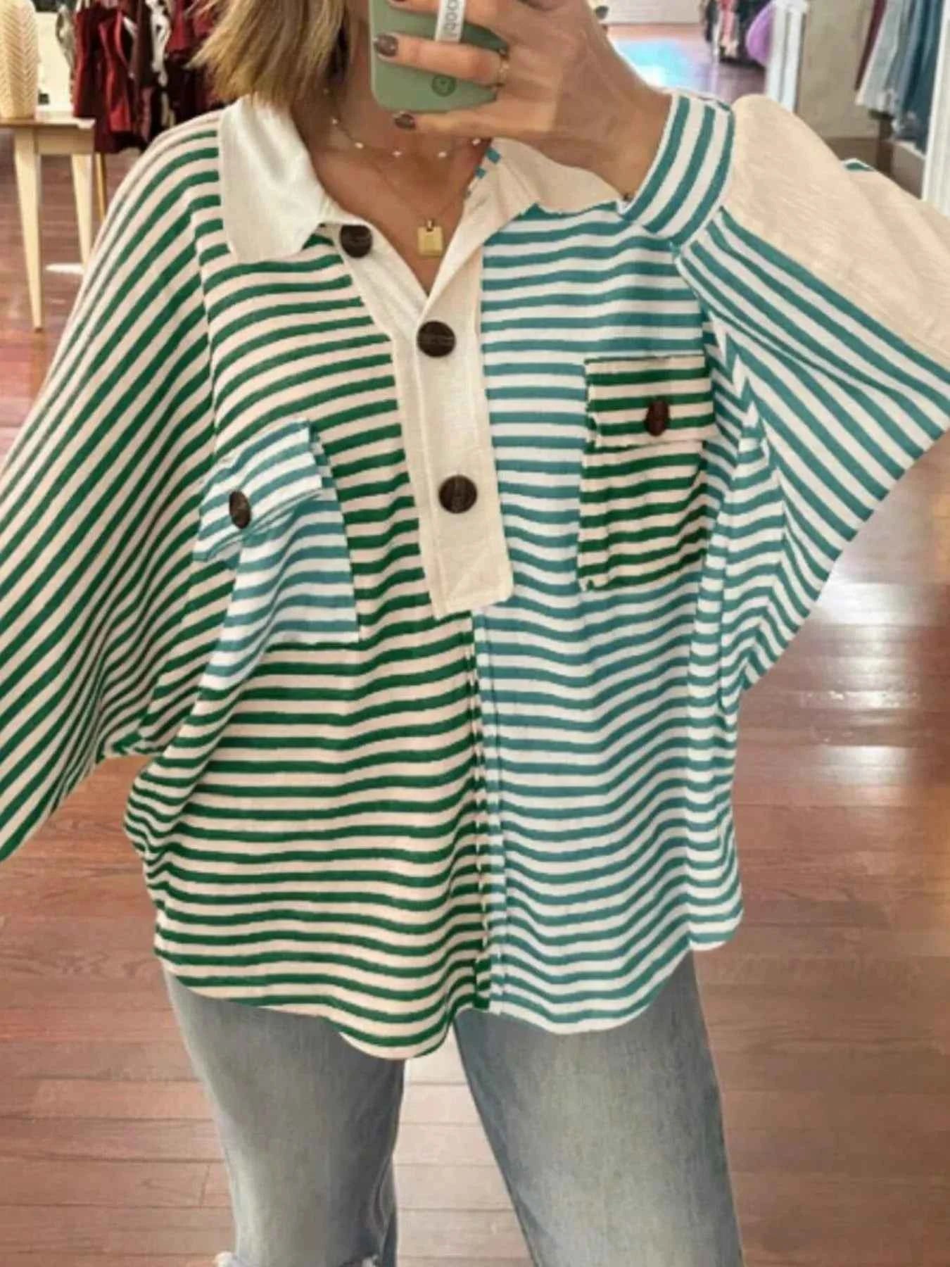 Striped Button Front Casual Top Double Spell Green 0e171fb6-471a-4115-bbab-fdae10b331f2-Max-Origin