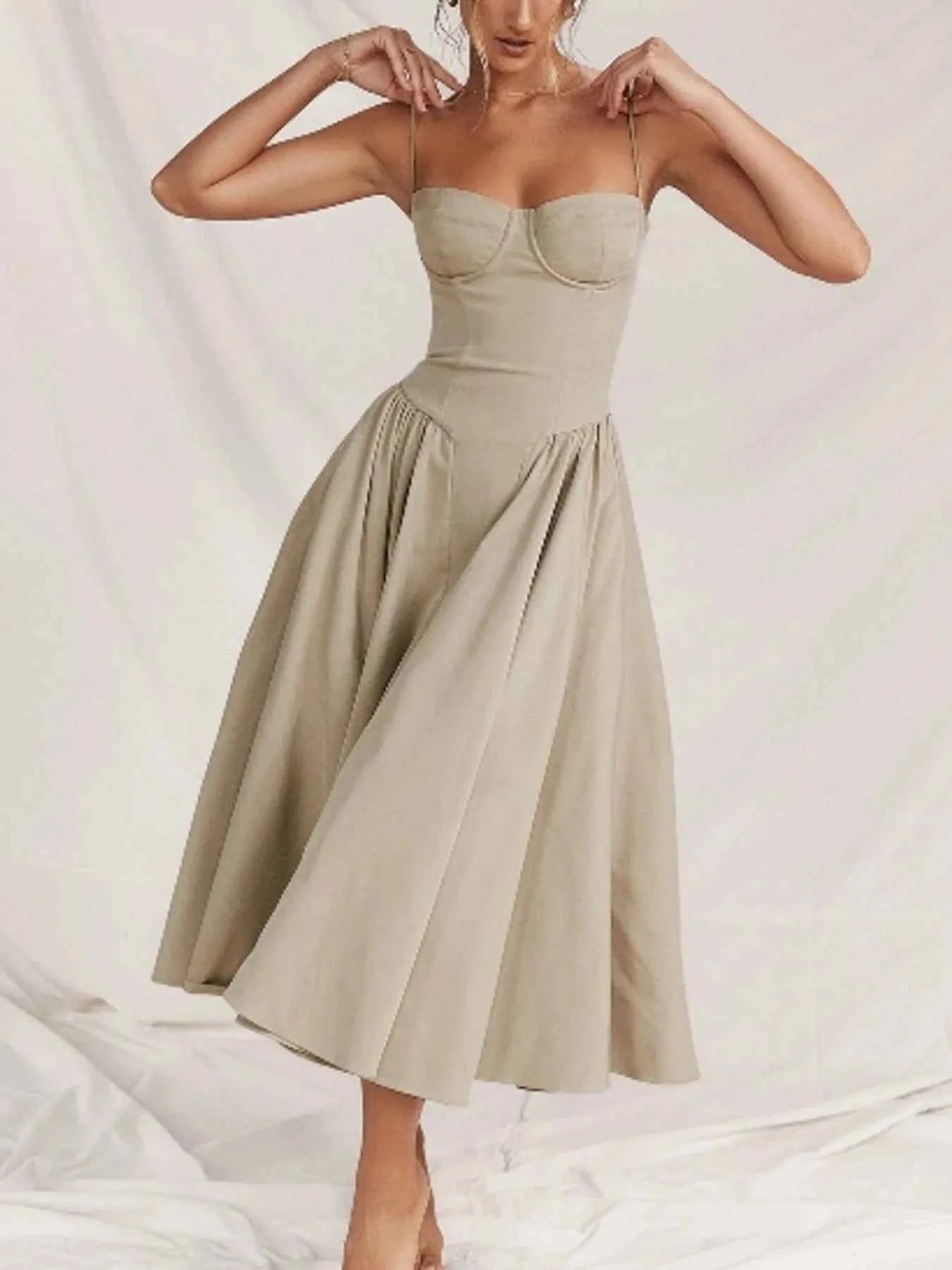 Sweetheart Neck Ruched Midi Dress Coffee 0e184c808fac4db0919b6098bcc68e0e-Max-Origin