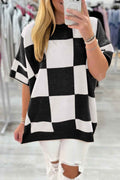 Black Checkered Pattern Loose Short Sleeve Sweater Black 52%Viscose+26%Polyester+22%Polyamide 0e1c7b85f9171f79