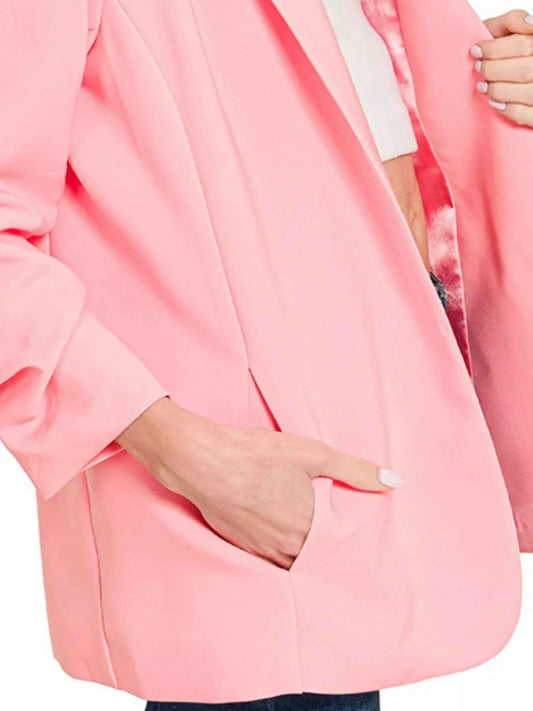 Woven 3/4 Ruched Sleeve Open Front Classic Blazer 0e2c4d8f-6c85-469a-a1c9-81cf21eca283-Max-Origin