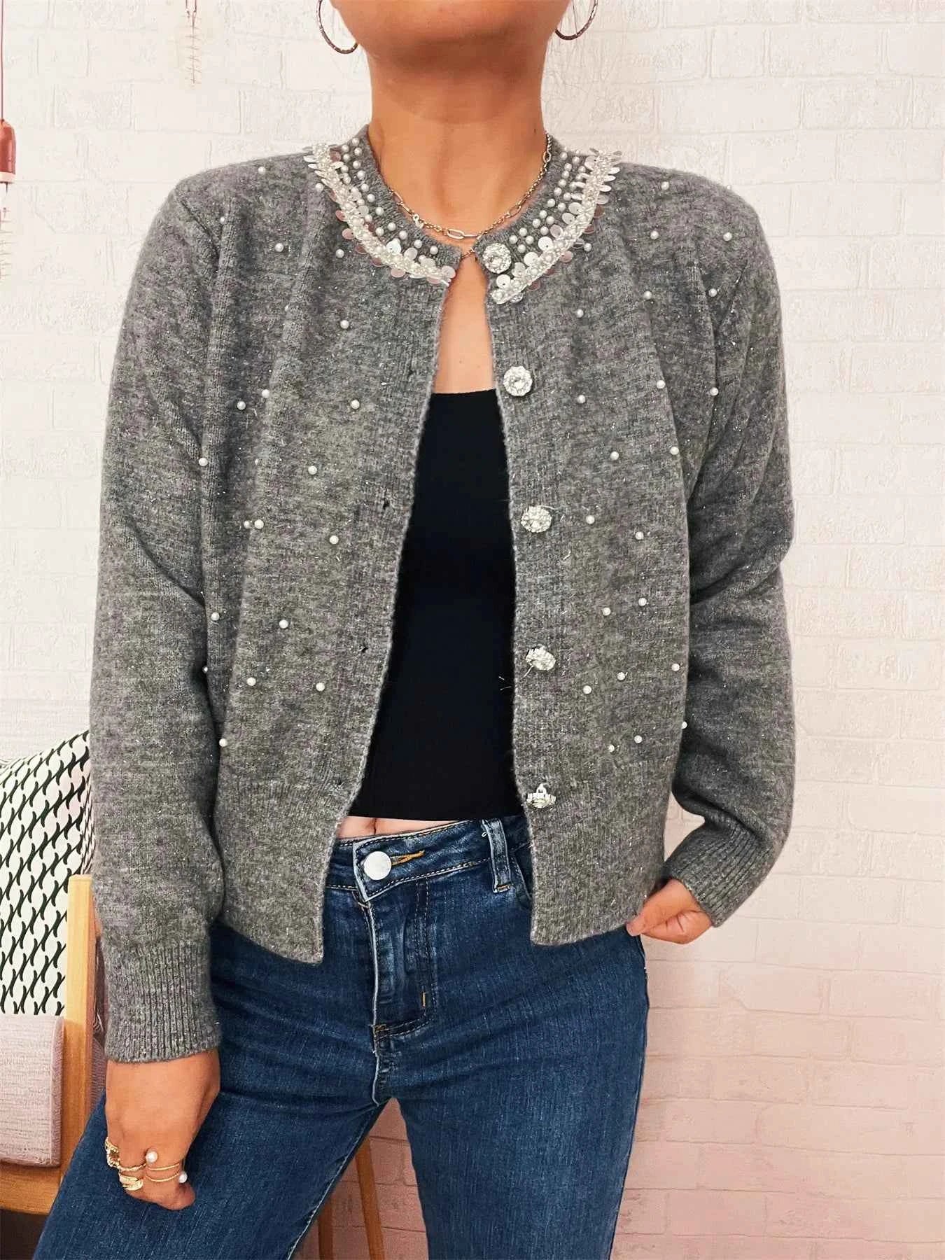Pearl Detail Button-Front Cardigan 0e3a397179174ac19e4ab2d7c5c22b91-Max-Origin