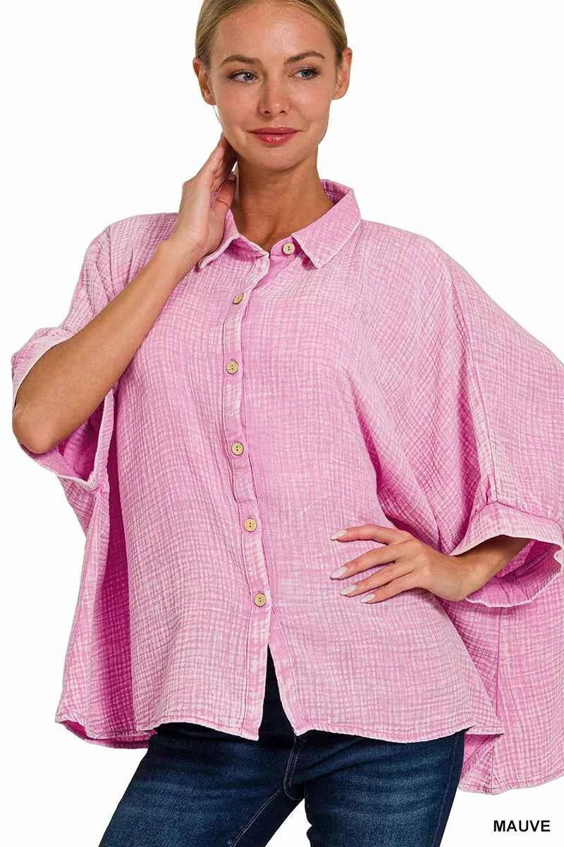Zenana Washed Double Gauze Button Down Half Sleeve Shirt