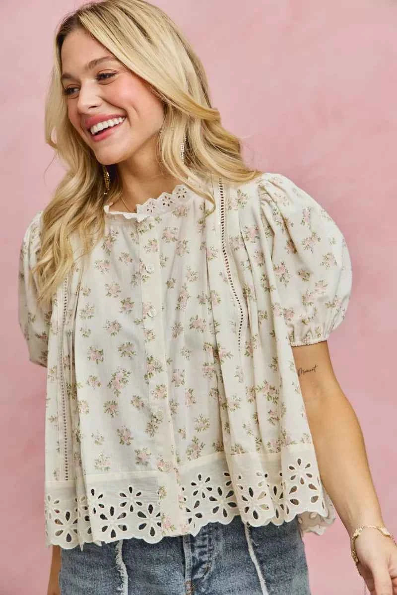 SO ME Floral Print Lace Trim Short Sleeves Blouse 0e3c475ba58d4c14a794de3109efabc9-Max-Origin