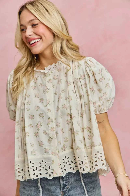 SO ME Floral Print Lace Trim Short Sleeves Blouse 0e3c475ba58d4c14a794de3109efabc9-Max-Origin