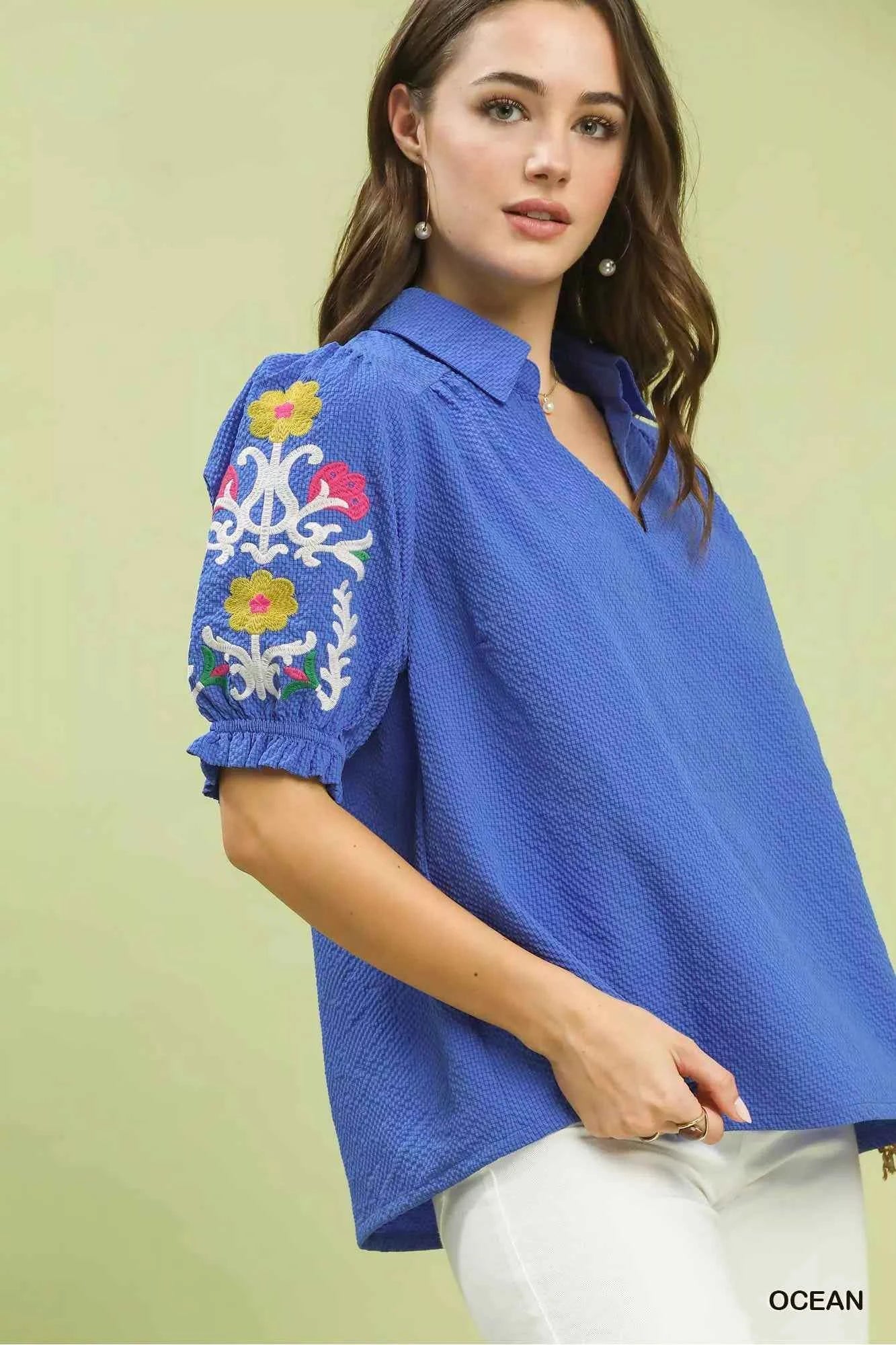 Umgee Seersucker Embroidered Sleeve Blouse 0e3db9ad-4004-4129-aa8c-7ae0bf750499-Max-Origin