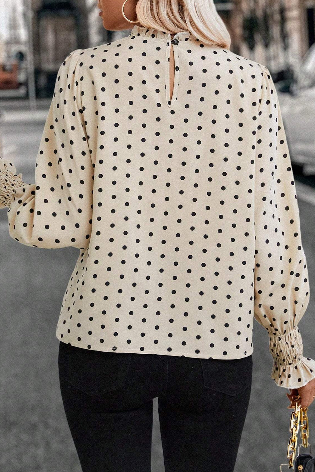 Apricot Polka Dot Print Frill Neck Smocked Lantern Sleeve Blouse 0e420030d99b1bb8