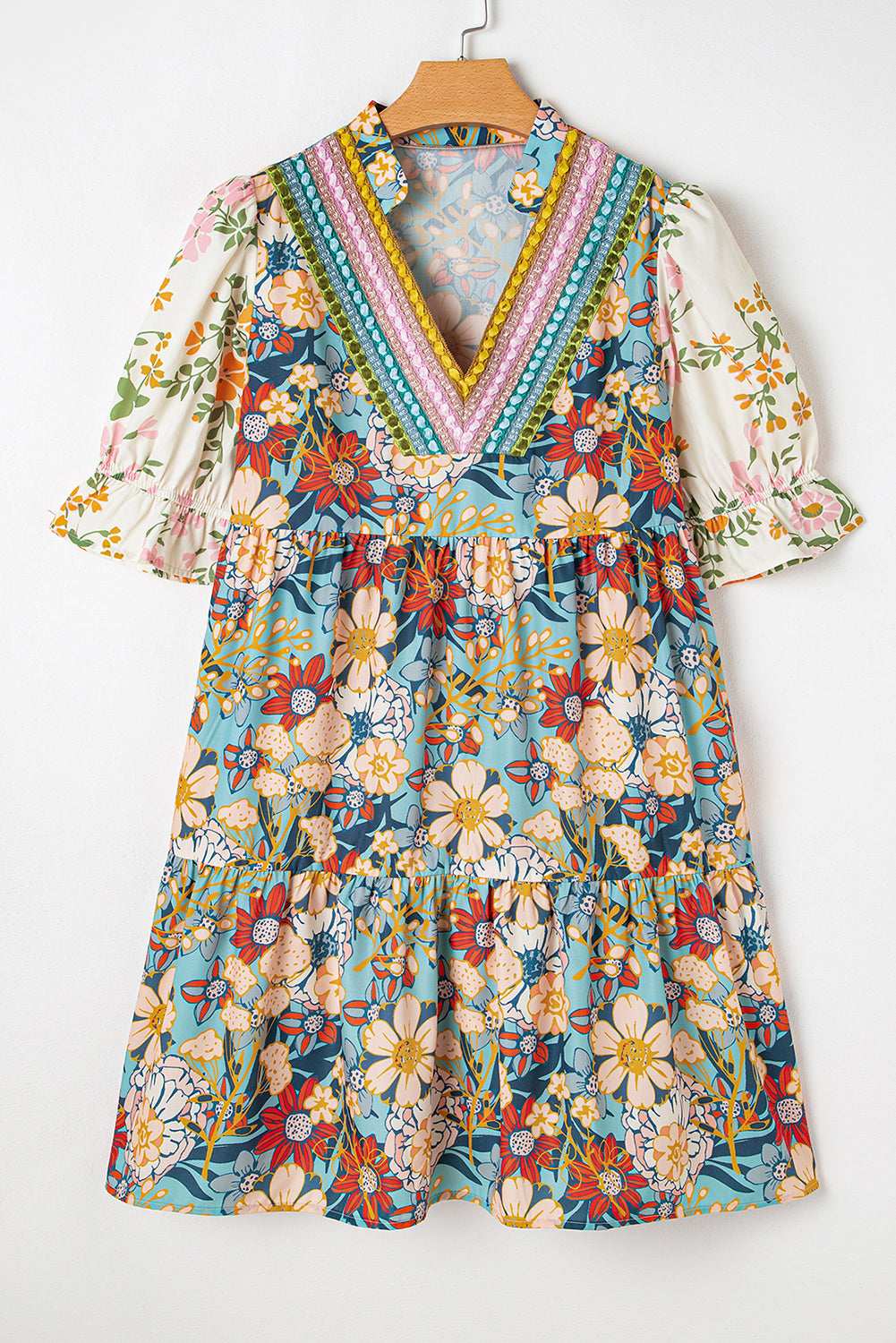 Multicolor Allover Floral Print Tiered Pop of Color Neckline Dress 0e43938735fb2c29-_8