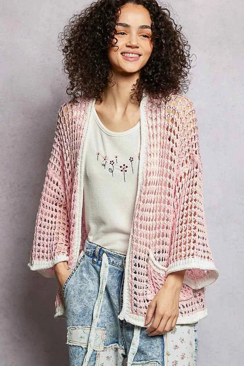 POL Open Front Openwork Cardigan with Contrast Trim SOFT PINK 0e4d6a49-a2f7-4e8a-b632-d309c765e3f8-Max-Origin