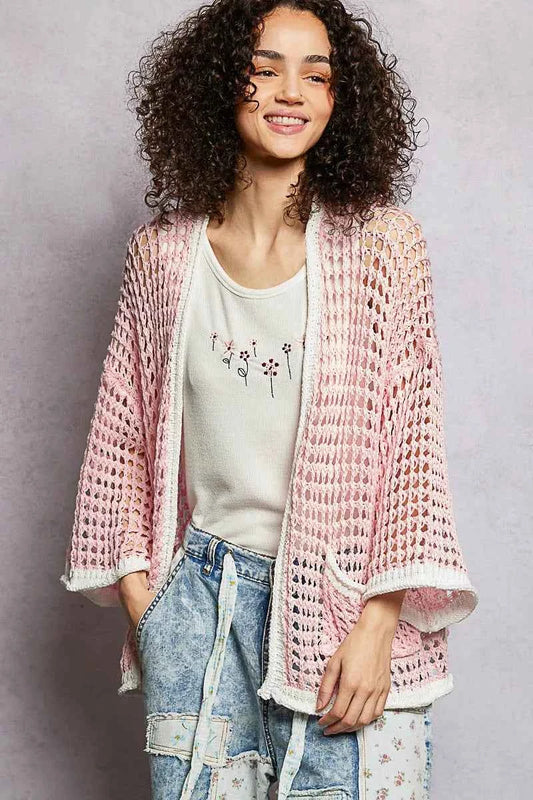 POL Open Front Openwork Cardigan with Contrast Trim SOFT PINK 0e4d6a49-a2f7-4e8a-b632-d309c765e3f8-Max-Origin