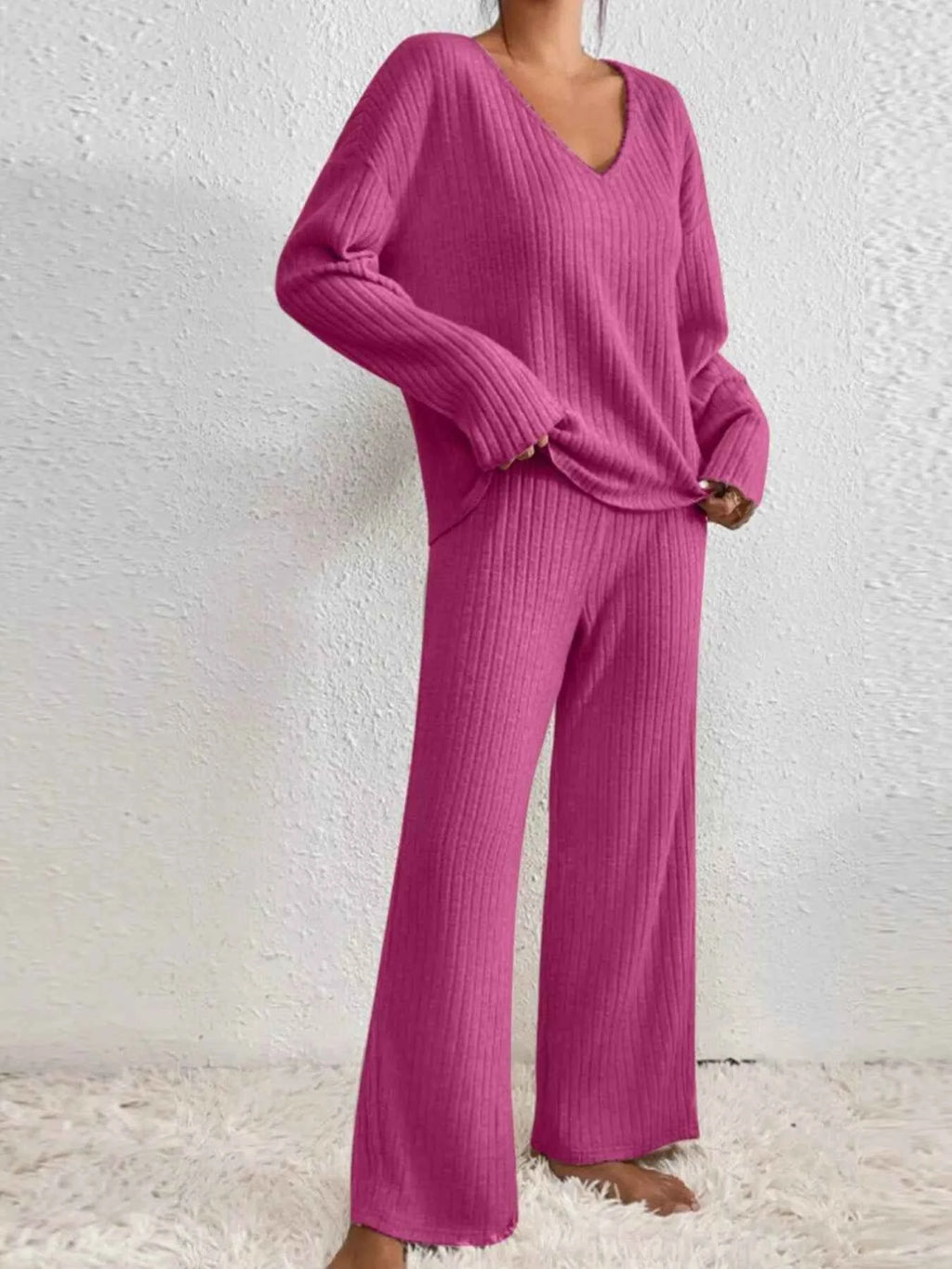 Ribbed V-Neck Top and Pants Set 0e524314-f494-42e6-9e2a-aace7b84637d-Max-Origin