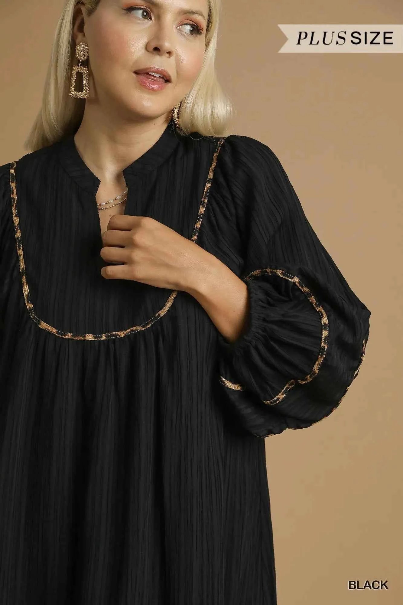 Umgee Full Size Textured Babydoll Dress with Leopard Trim Plus Size 0e54e27b-6059-44d4-9af0-38837fa8495d-Max-Origin