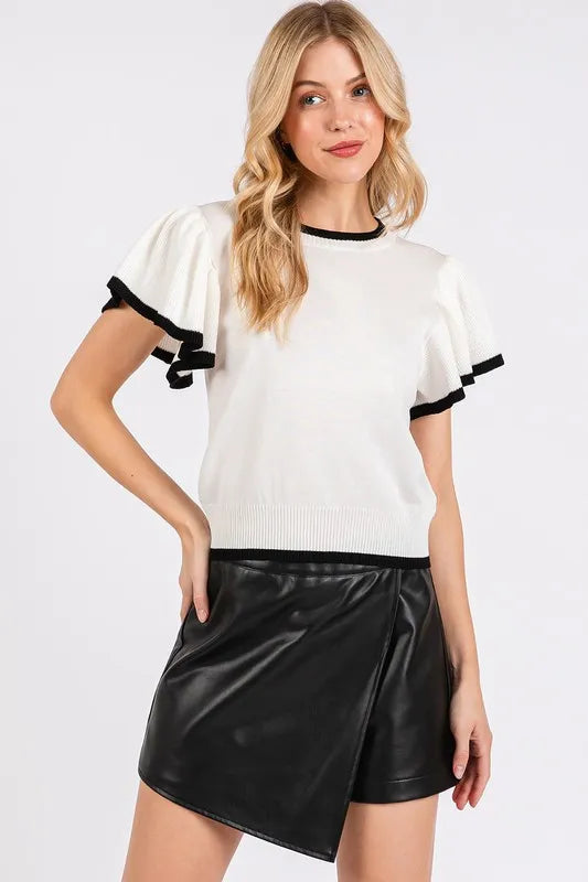 Contrast Trim Ruffled Cap Sleeve Knit Top 0e599563-003a-4f4c-940a-061243eeb624-Max