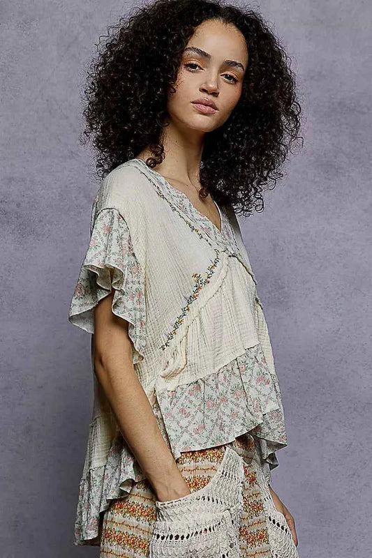 Floral V-Neck Short Sleeve Ruffled Double Gauze Blouse with Embroidery Detail 0e5c091c-f6e6-4c15-b858-578b1a72f85d-Max-Origin