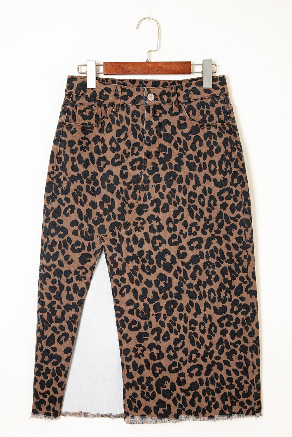 Brown Leopard Frayed Split Denim Midi Skirt 0e634b674c551417