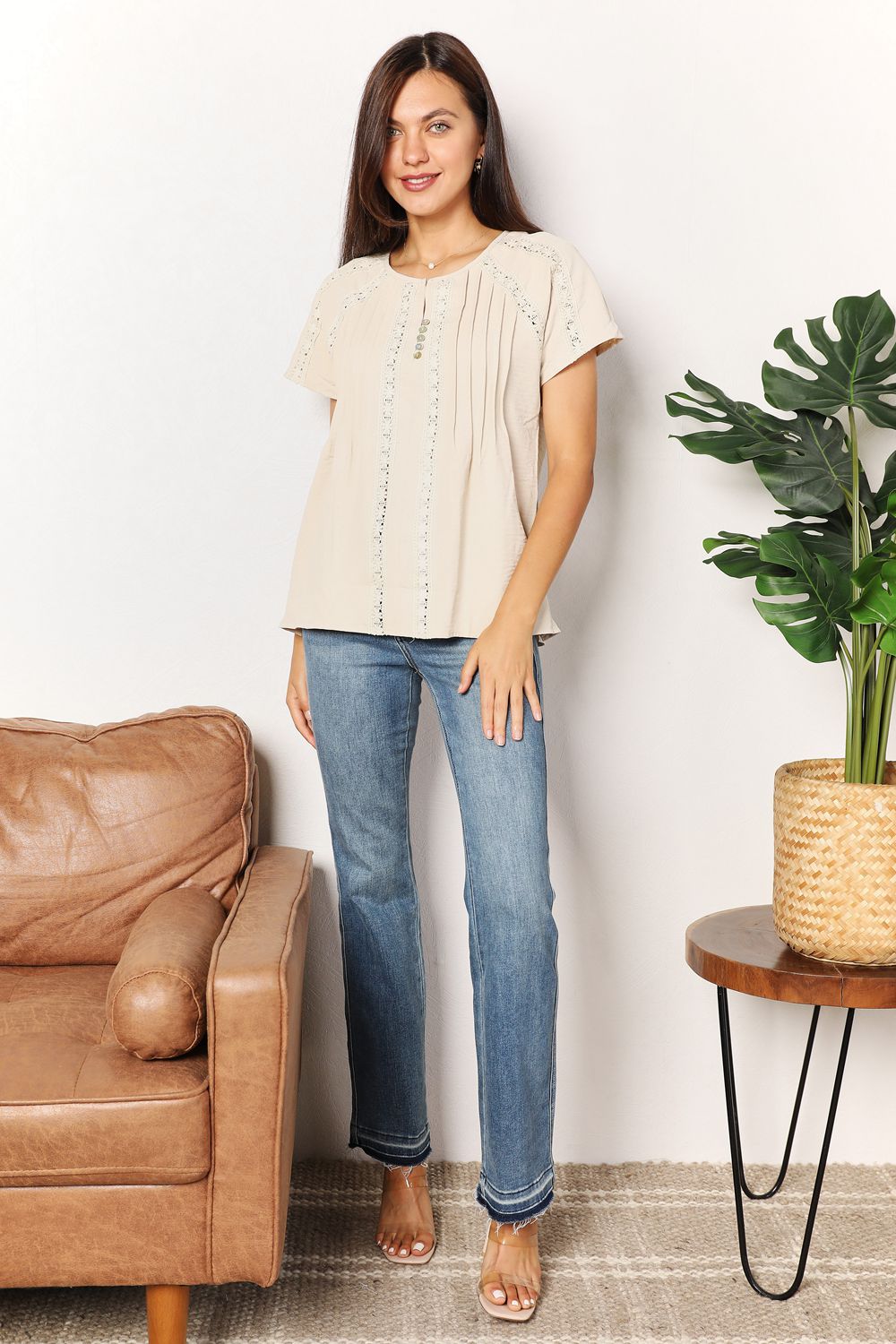 Double Take Crochet Buttoned Short Sleeves Top 0e6a31fb8fba4550b5f0070611df7ca9-Max