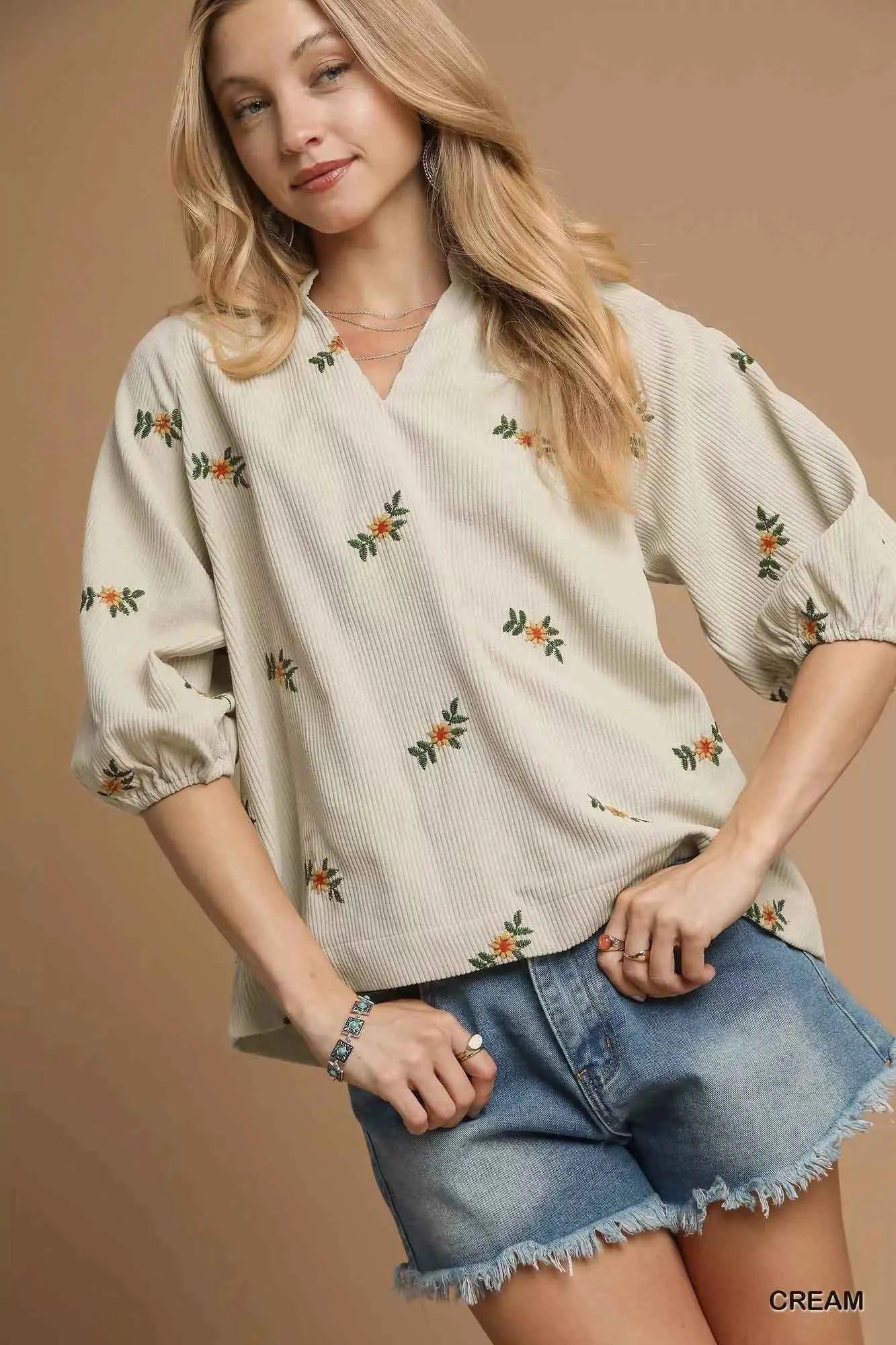 Umgee Corduroy Floral Embroidered Puff Sleeve Blouse Cream 0e6a5f20-067a-41d4-9276-63f087f654e0-Max-Origin
