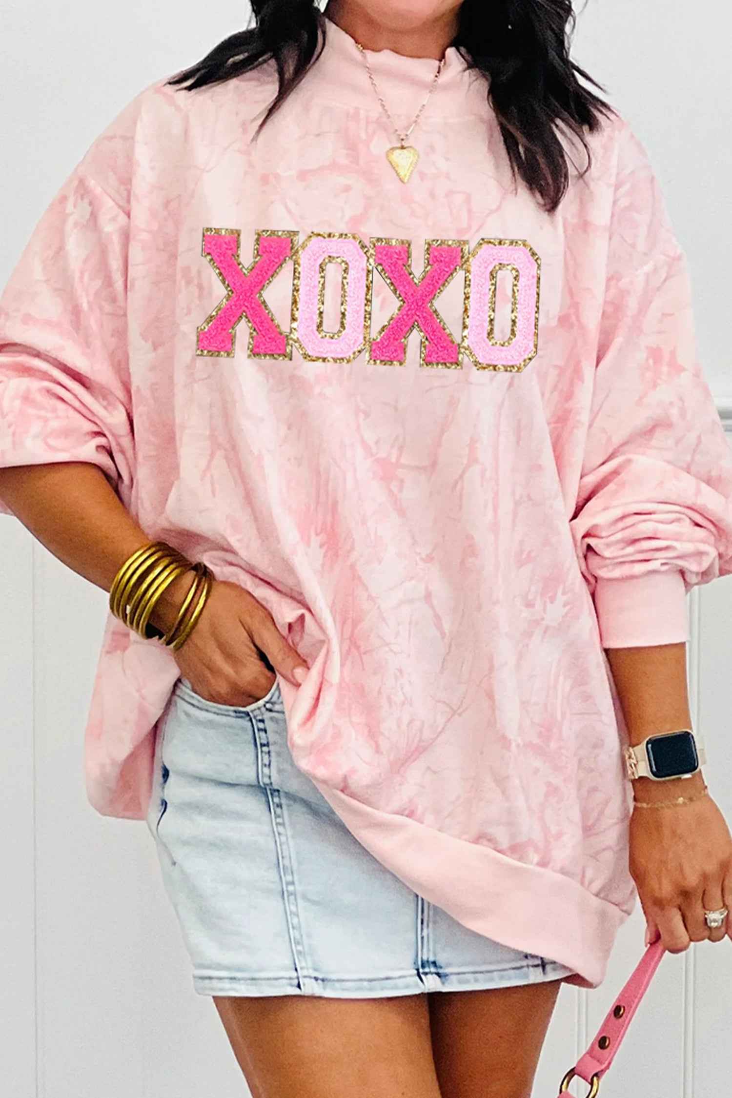 Pink XOXO Glitter Trim Chenille Patched Graphic Mock Neck Tie Dye Sweatshirt Pink 100%Polyester 0e6c275df34d5bfc