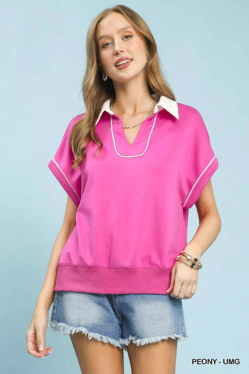 Umgee Contrast Collar Soft Knit Polo Top PEONY-UMG 0e7903b9-b8a3-4e97-9180-fd54e646c4af-Max-Origin