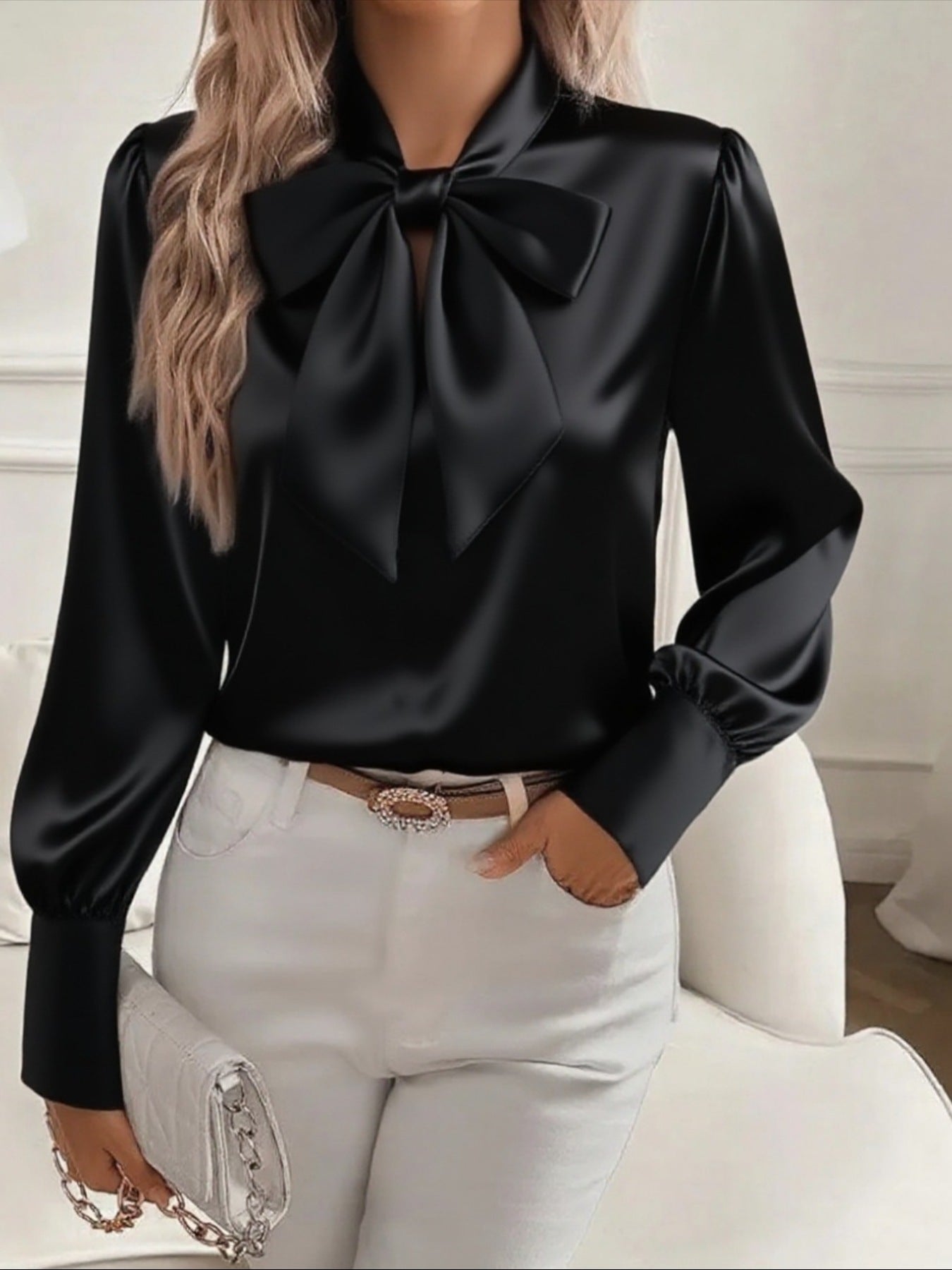 Satin Bow Tie Long Sleeve Top Black 0e8368c2-702e-4de4-9ebd-3db8d6f6536d-Max