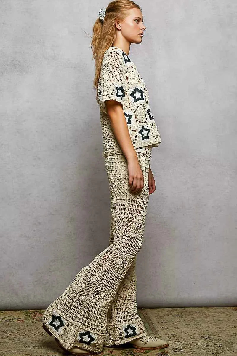 POL Openwork Crochet Flare Pants with Contrast Star