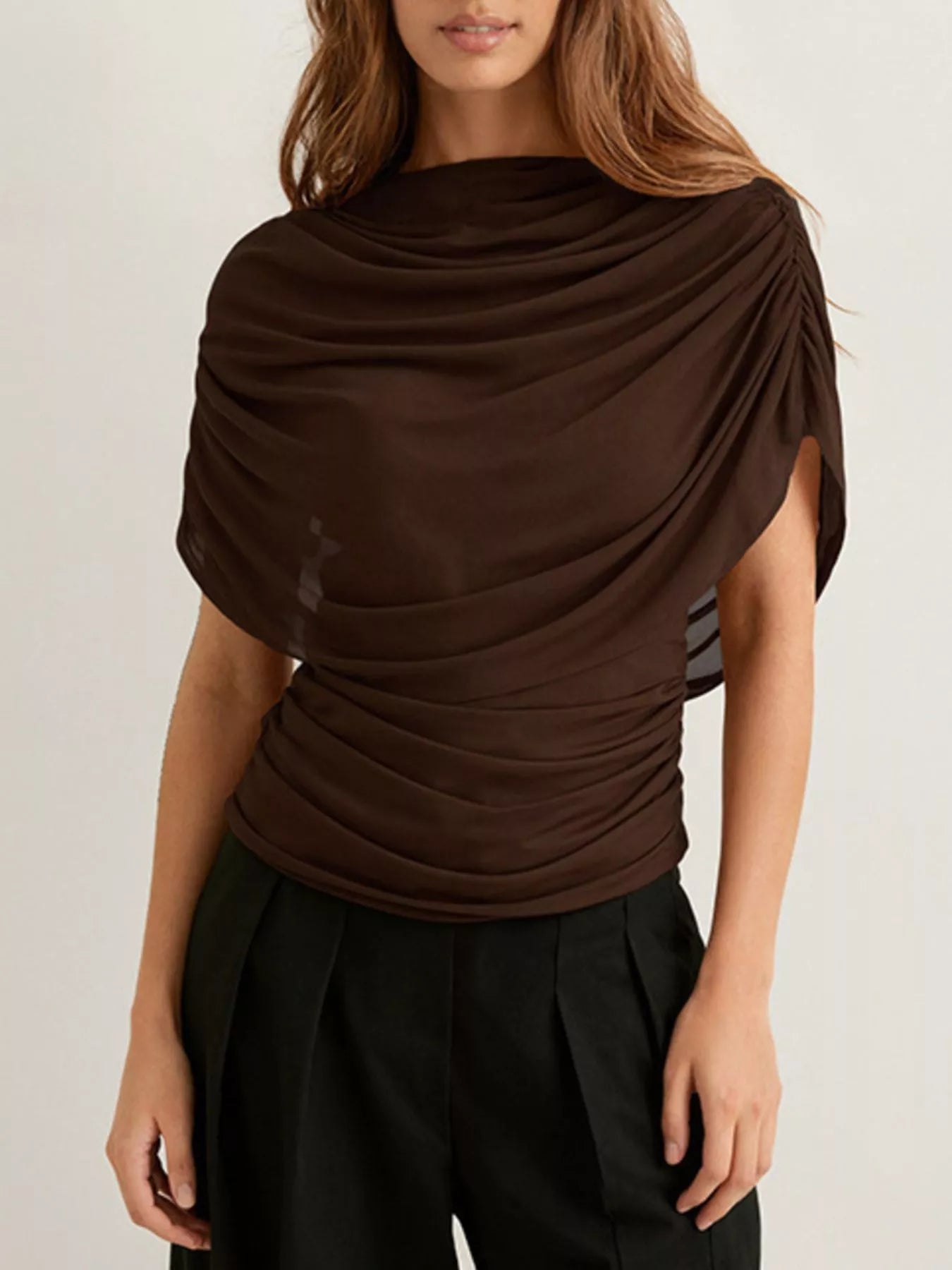 Ruched Short Sleeve Top Brown 0e89b801-aef5-46f8-8496-35e92cf6943d-Max-Origin