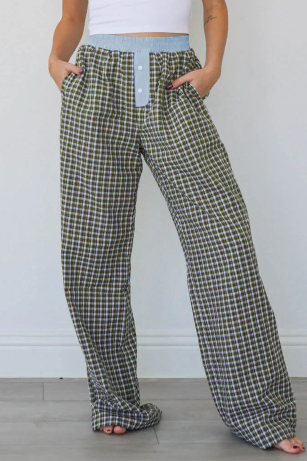 Brown Plaid Button High Waist Patchwork Pants 0e9699e83b8383c7