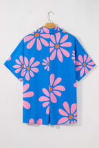Blue Summer Flower Print Shirt Collar Loose Romper 0e9d82bb3b4fe617-_5