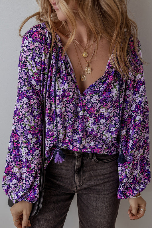 Purple Bo Ditsy Floral Split V Neck Bubble Sleeve Blouse