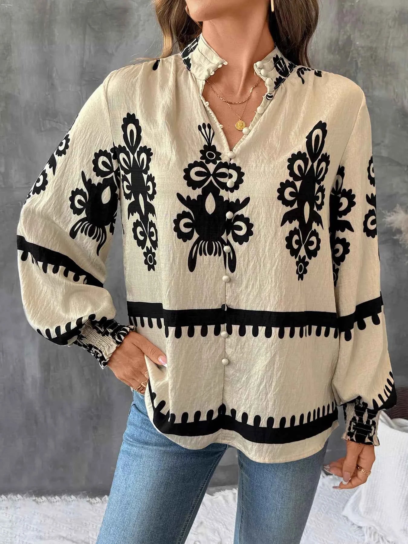 Printed Notched Lantern Sleeve Blouse 0e9e7adca0ad48fc87aa364110641c58-Max-Origin