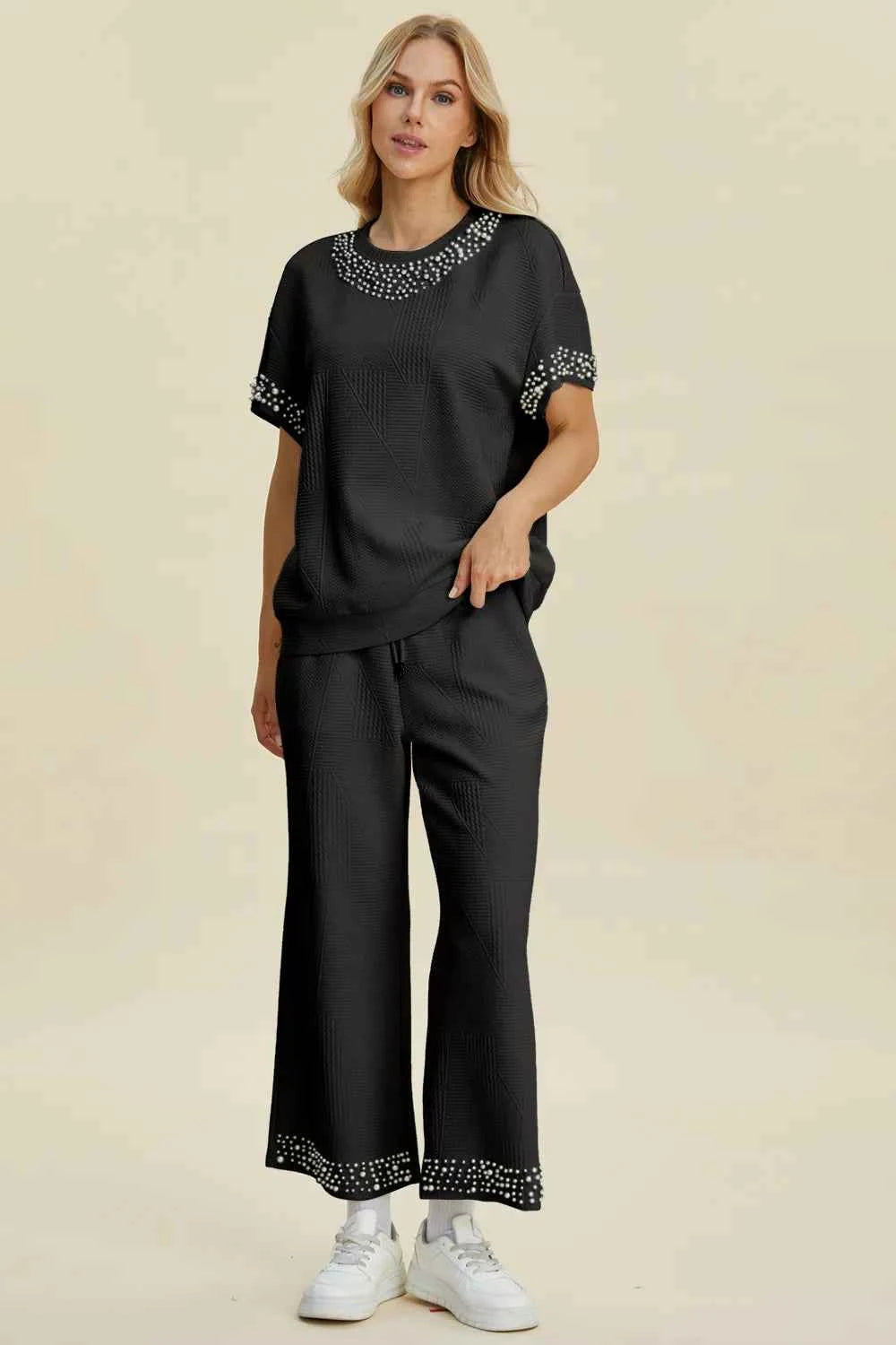 Double Take Full Size Pearl Detail Round Neck Top and Pants Set Black 0ea22435-e2d8-4d2e-8797-4dc6f2f4e87d-Max
