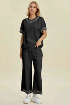 Double Take Full Size Pearl Detail Round Neck Top and Pants Set Black 0ea22435-e2d8-4d2e-8797-4dc6f2f4e87d-Max
